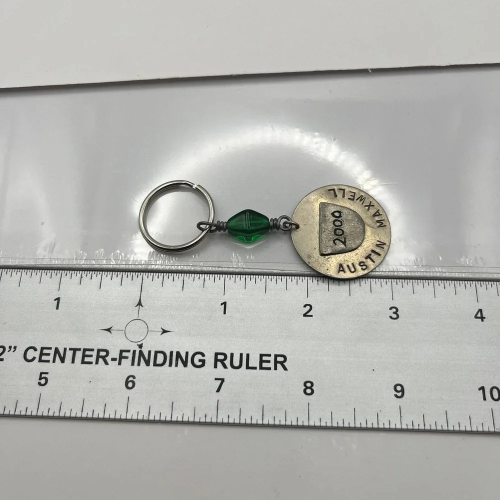 Vintage Austin Maxwell‎ 2000 Personalized Name Keychain Green Bead Silver Tone